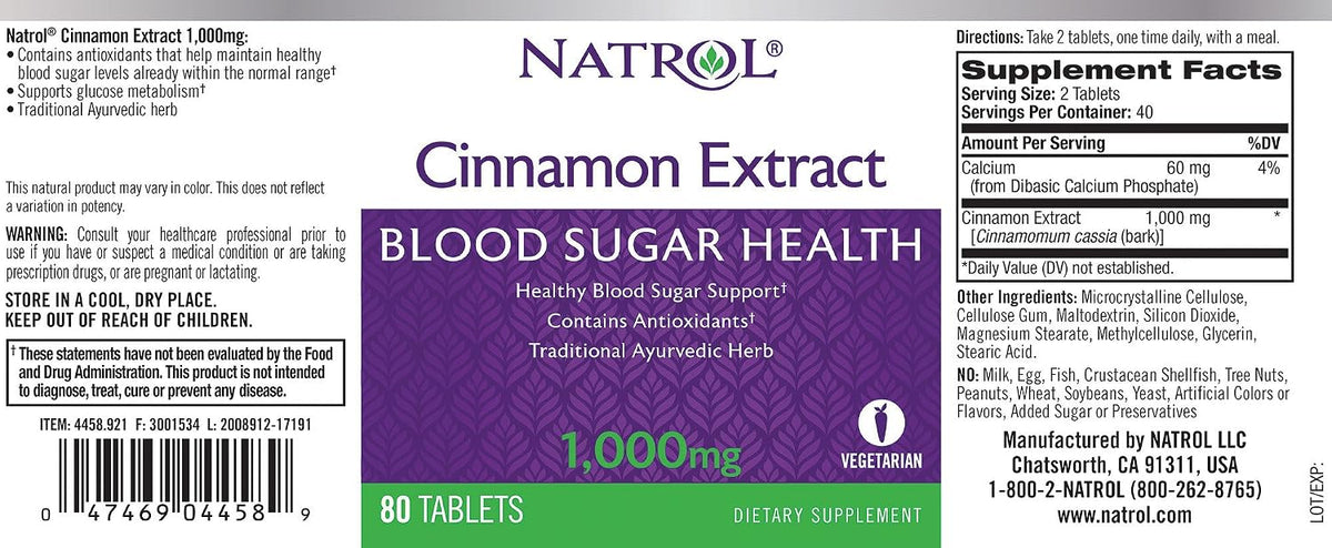 Natrol Cinnamon Extract, 1000mg - 80 tablets