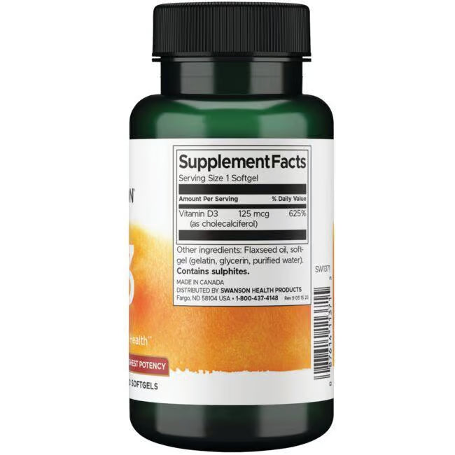 Swanson Vitamin D3 Highest Potency 5,000 IU (125 mcg) 250 Softgels sudetis