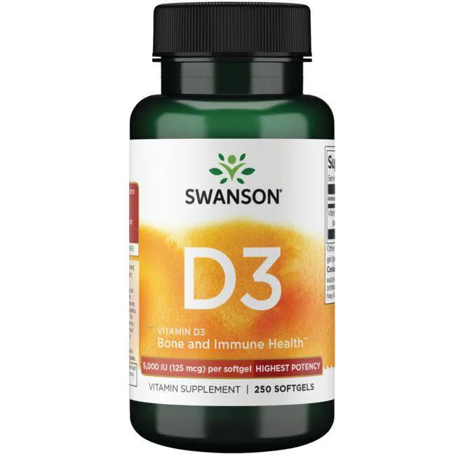Swanson Vitamin D3 Highest Potency 5,000 IU (125 mcg) 250 Softgels kaina