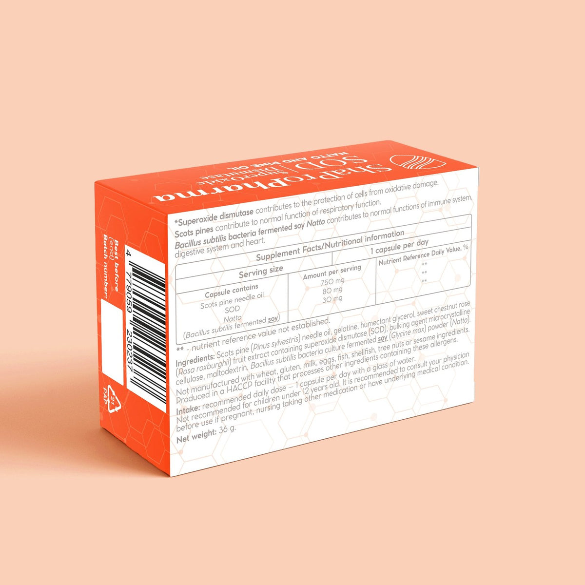Shapropharma SOD (Superoksido dismutazė + Natto + Paprastosios pušys) 30 kapsulių sudetis