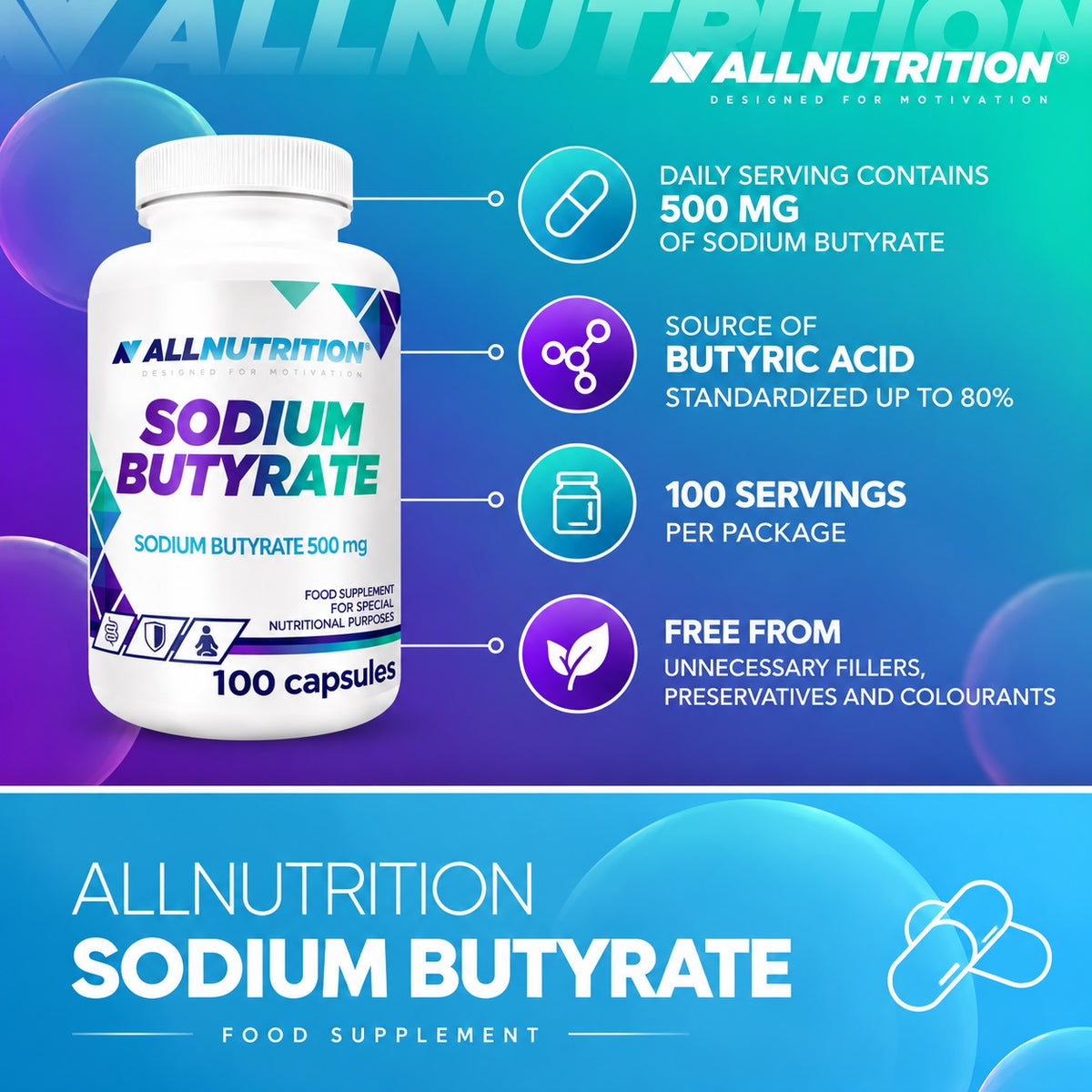 Allnutrition Sodium Butyrate 500 mg, 100 kapsulių