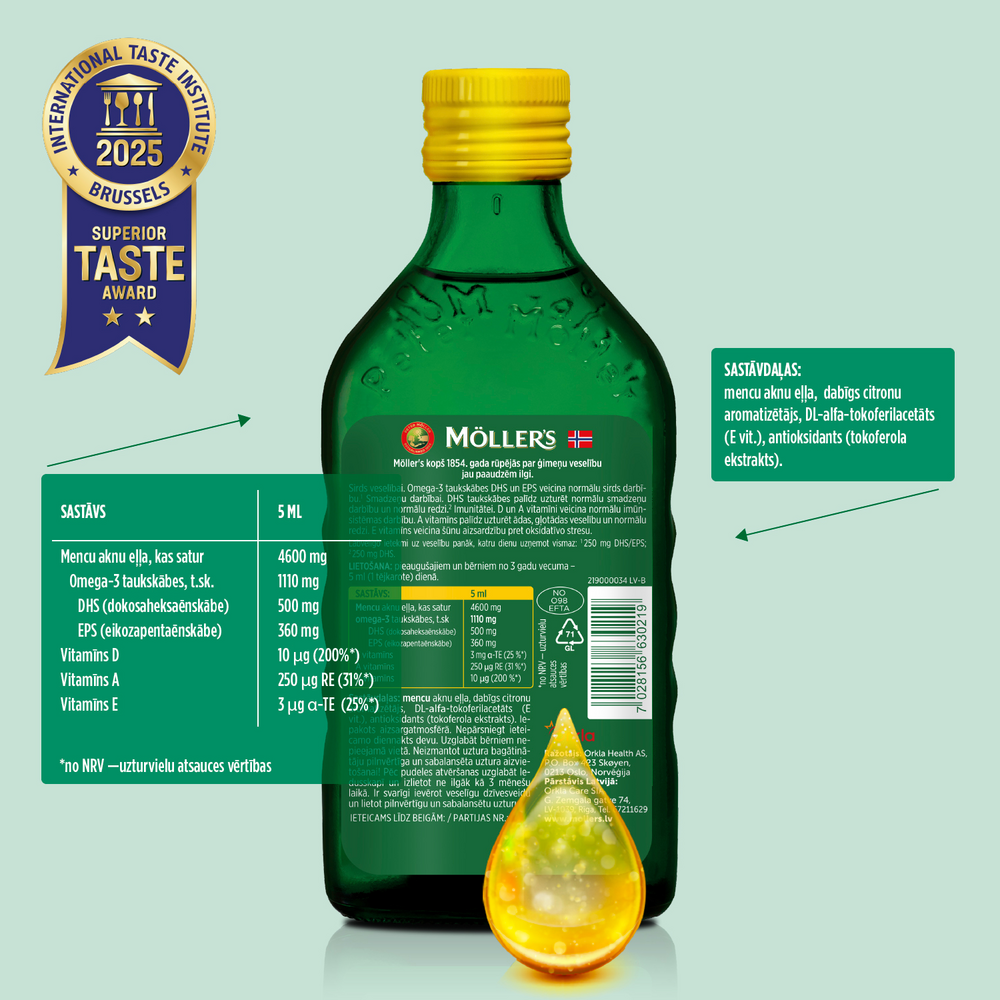 12x MÖLLER’S Omega-3 žuvų taukai, citrinų skonio, 250 ml