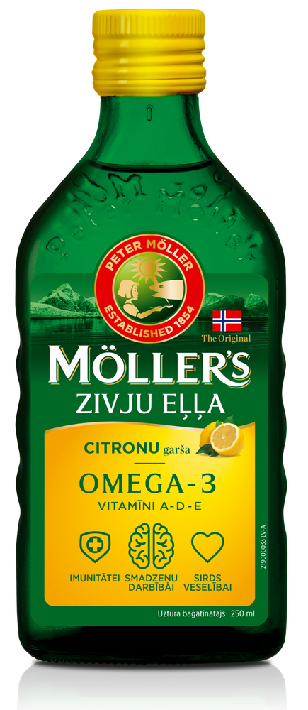 12x MÖLLER’S Omega-3 žuvų taukai, citrinų skonio, 250 ml