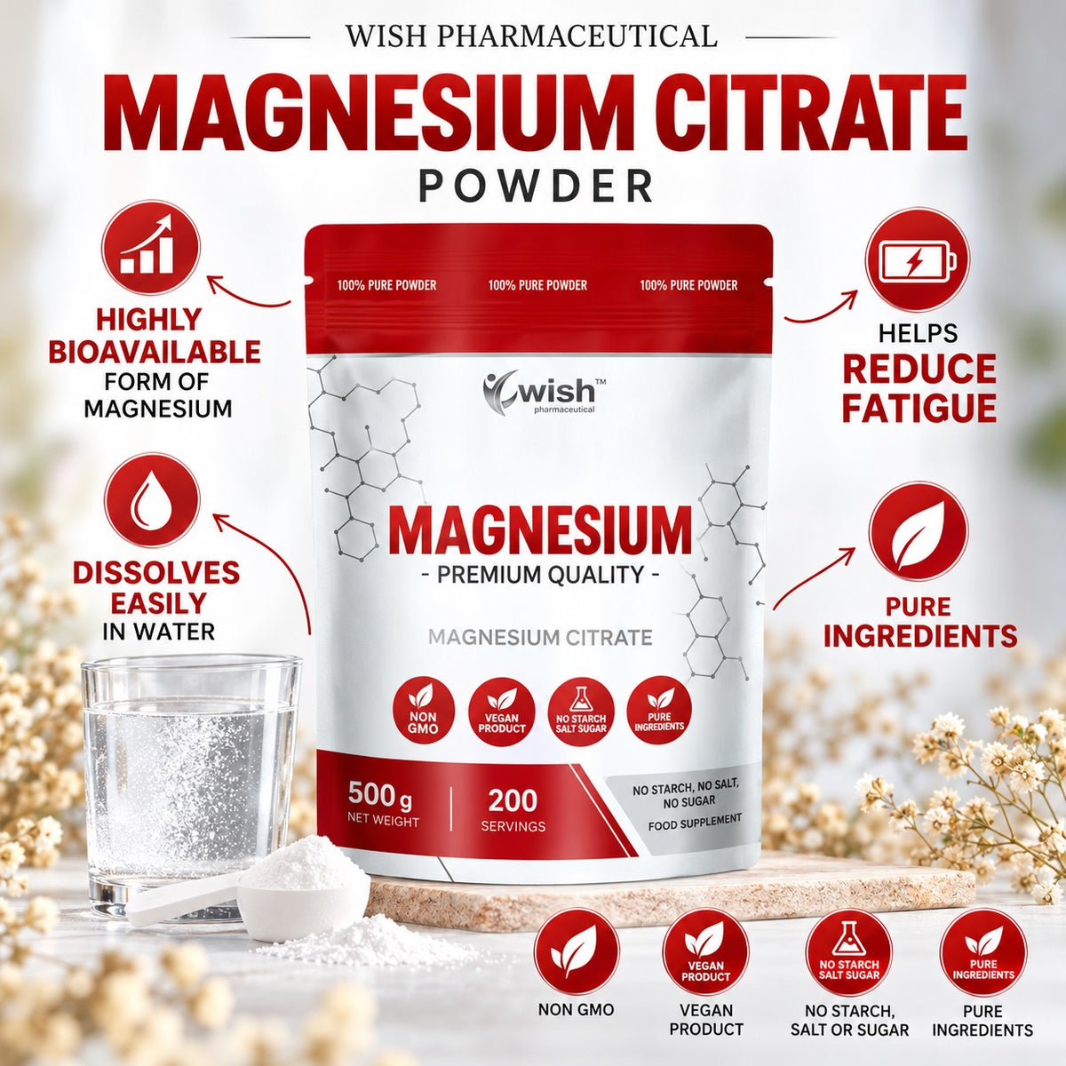 Wish Pharmaceutical Magnio citratas 500 g, 200 porcijų