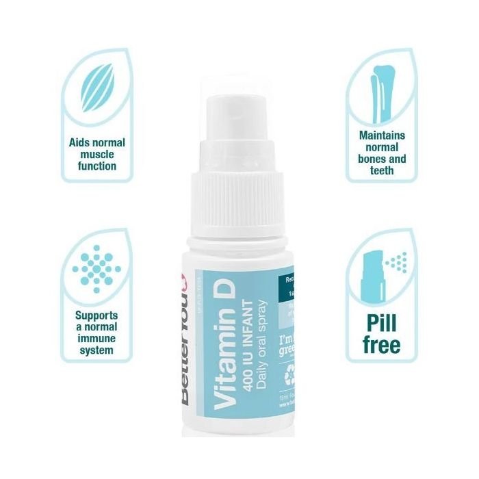 BetterYou Vitamin D 400 IU (10μg) Infant Daily Oral Spray 15ml privalumai