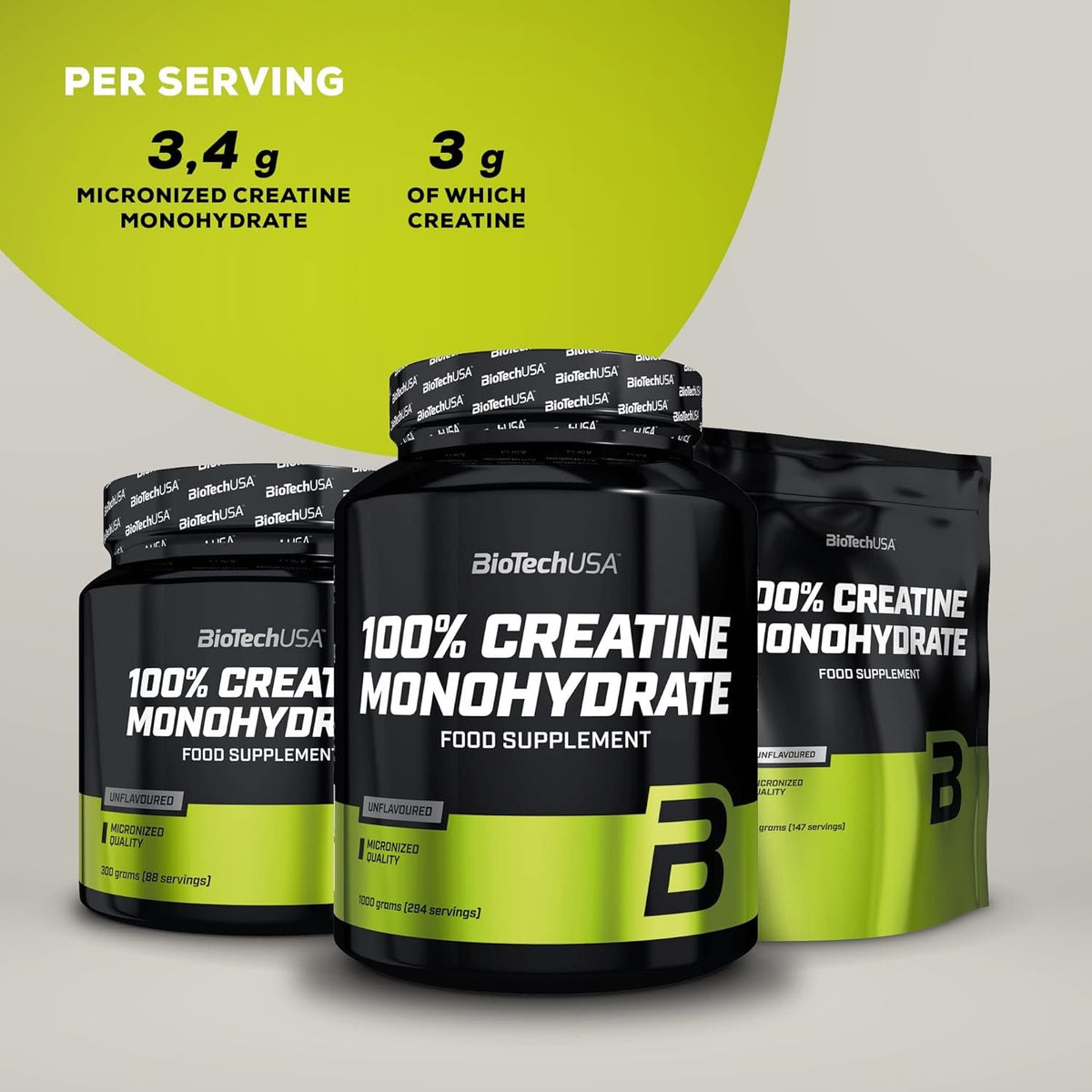 Biotech USA 100% Creatine Monohydrate 300 g.- Kreatinas pakuotes