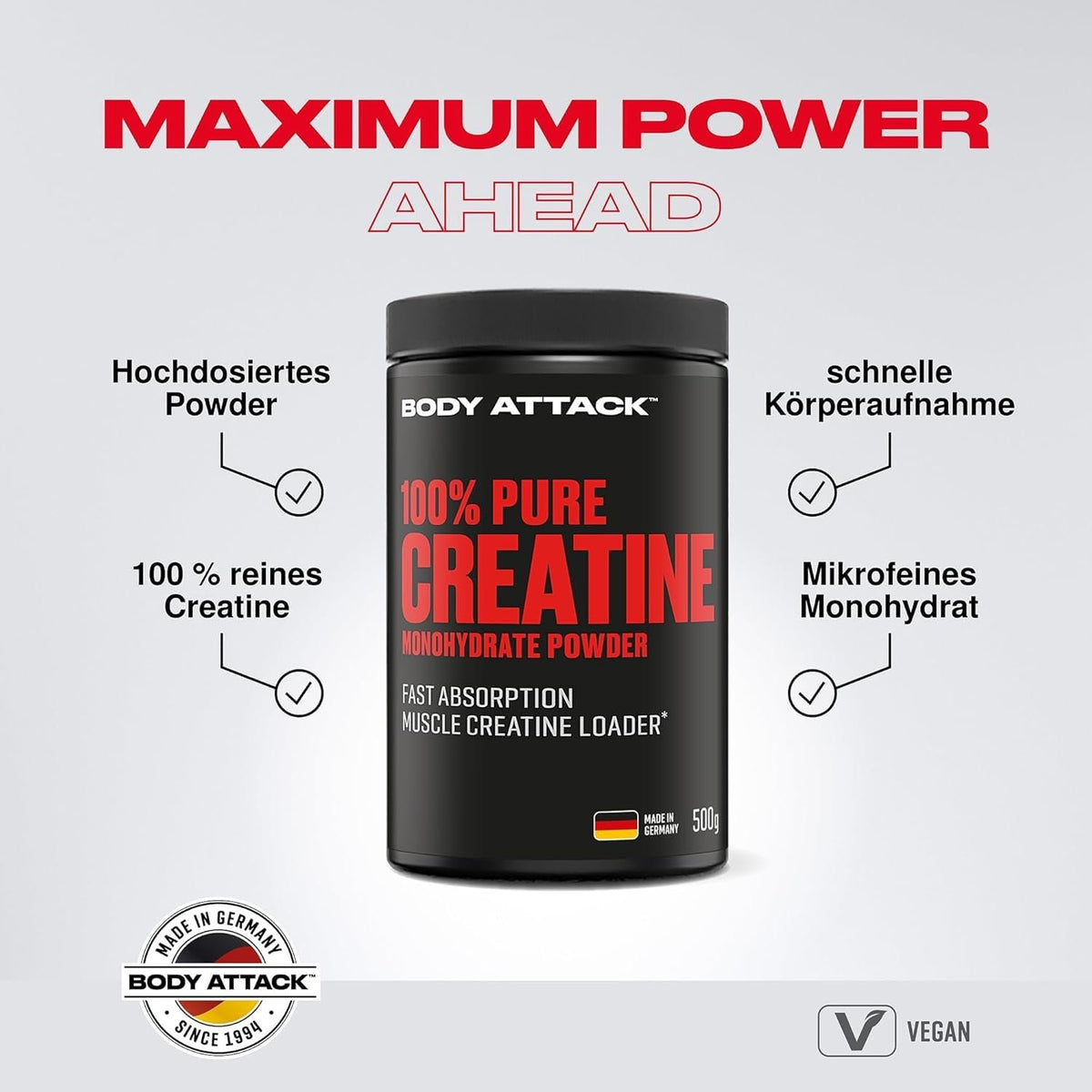 BODY ATTACK 100% Pure Creatine - 500g - Natural kokybe