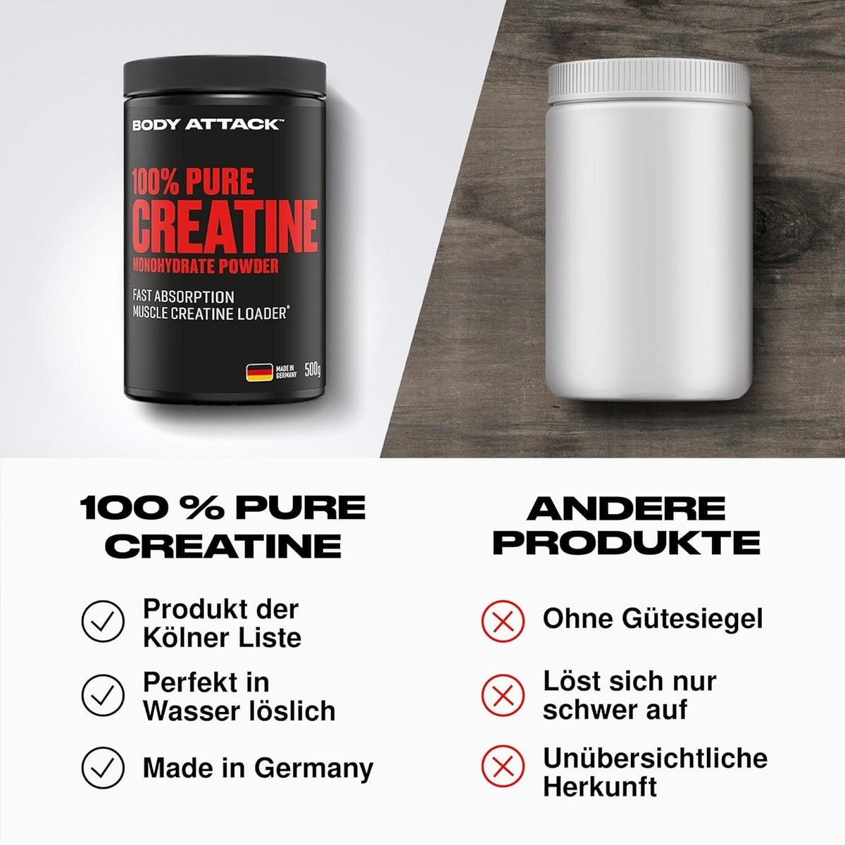 BODY ATTACK 100% Pure Creatine - 500g - Natural privalumai