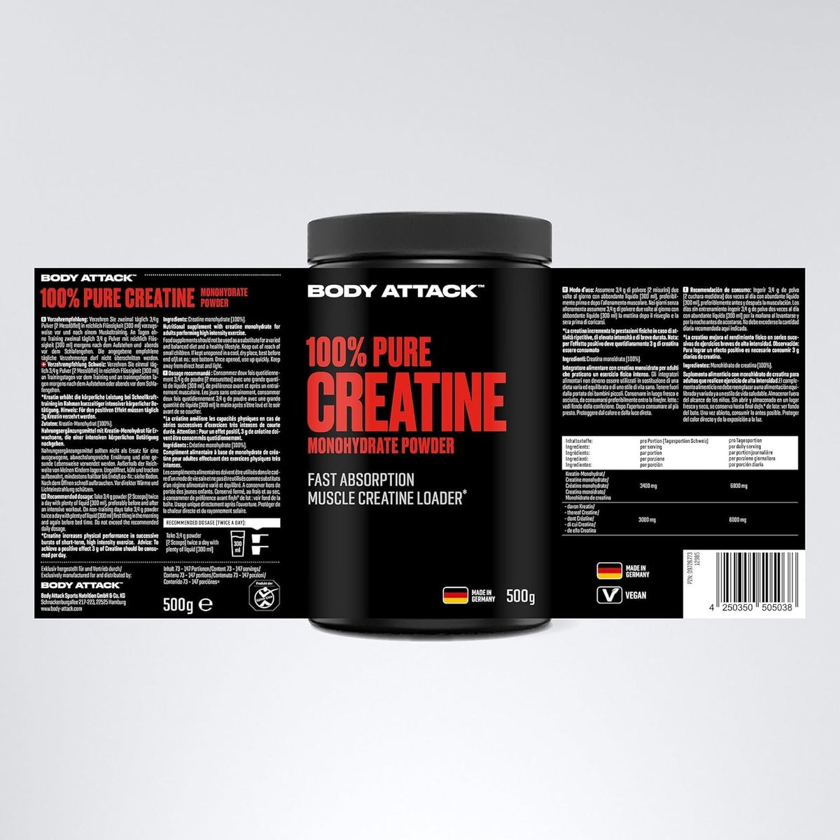 BODY ATTACK 100% Pure Creatine - 500g - Natural sudetis