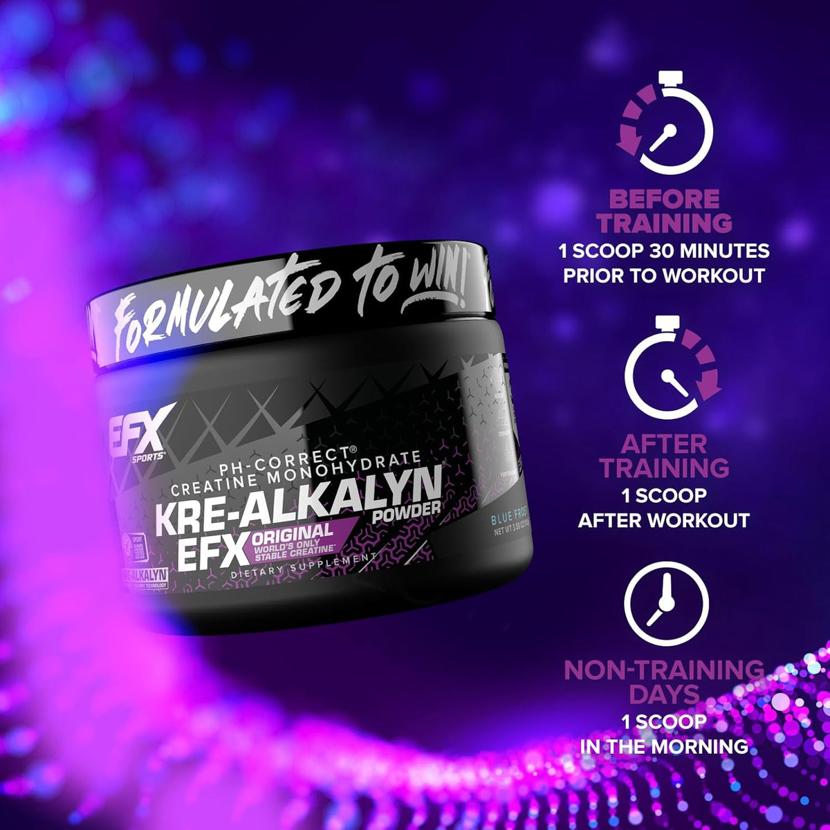 EFX Sports Kre-Alkalyn Powder, Flavoured - 110 grams timing