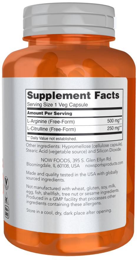 NOW Arginine 500mg & Citrulline 250mg 120 Veg. Capsules sudetis
