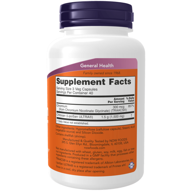 NOW Foods, Chitosan Plus Chromium, 500 mg, 120 Veg Capsules kaina sudetis