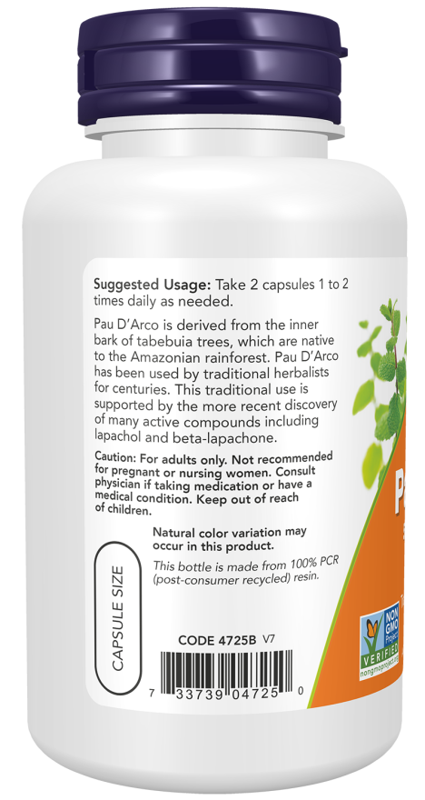 NOW Foods Pau D'Arco 500mg 100caps Purification