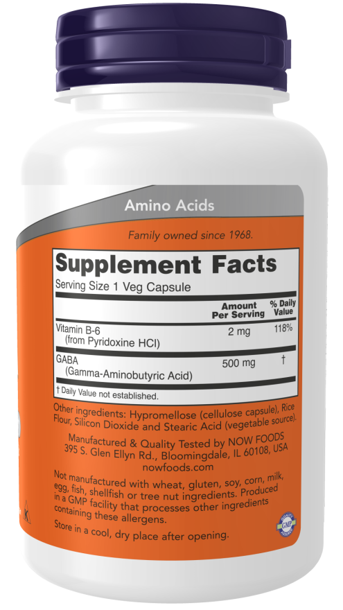 NOW GABA 500mg 100 Veg. Kapsulių (100 porcijų). sudetis