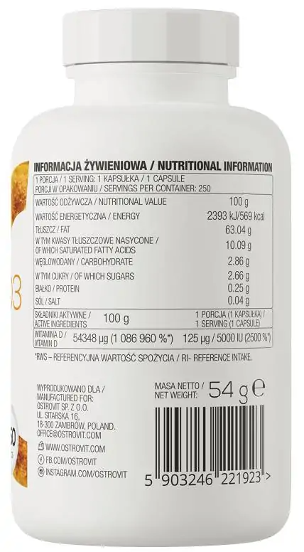 OstroVit VITAMIN D3 5000 softgels 250 caps sudetis
