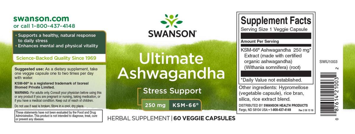 Swanson Ashwagandha KSM-66 250mg 60caps etikete