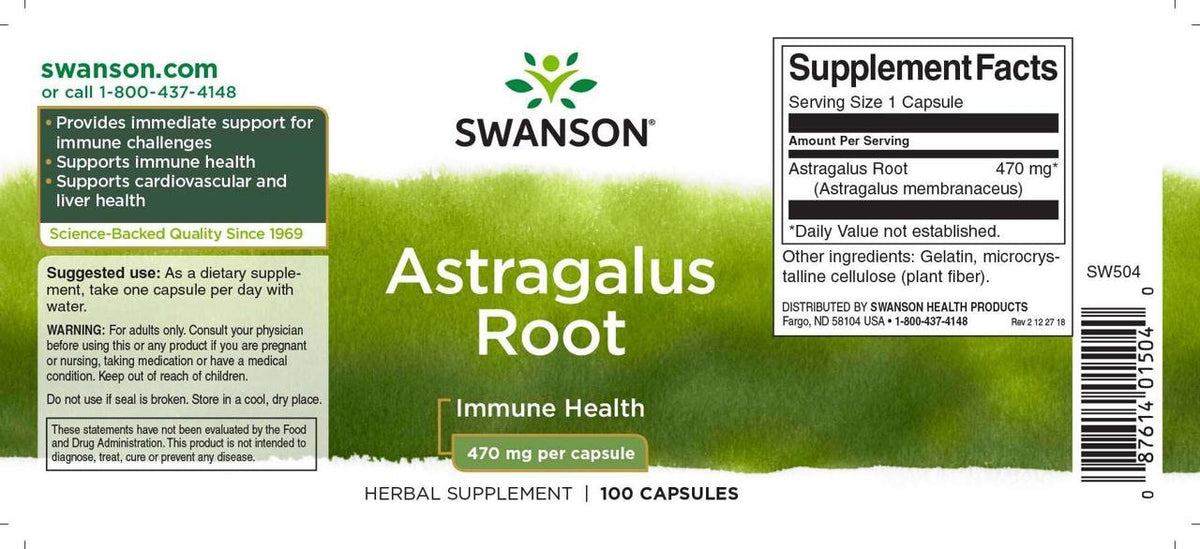Swanson Astragalus Root 470mg 100caps label