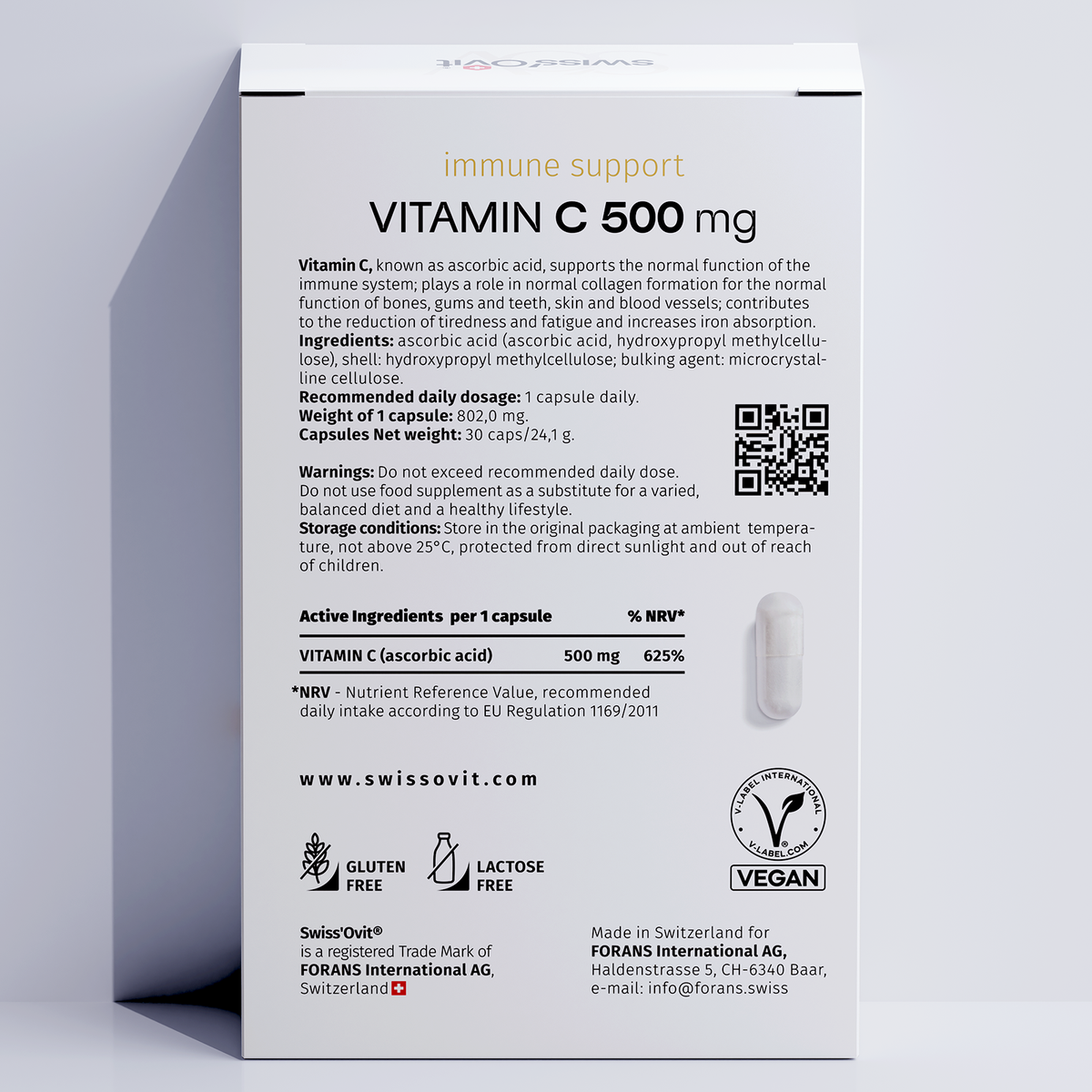 Swiss'Ovit® Vitaminas C 500mg 30 kapsulių sudetis