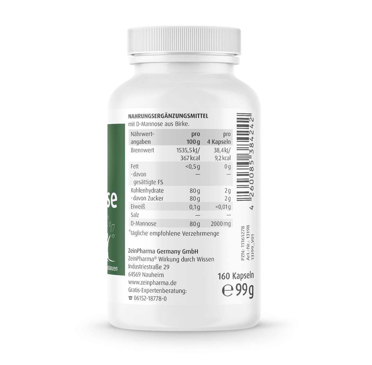 Composition of Zein Pharma Natural D-Mannose - 500mg, 160 capsules